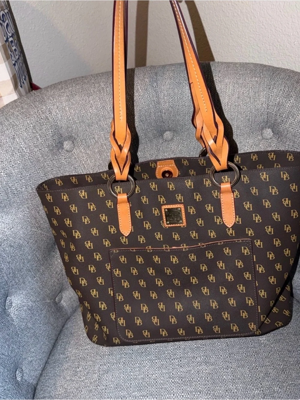 Dooney & Bourke Brown Monogram Tote with Tan Braided Handles